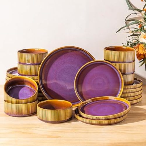 TheTerra Ceramic Dinnerware Sets for 8, 24 Pieces Porcelain Lightweight Plates and Bowls Sets, Scratch Resistant Dish Set, Oven & Microwave & Dishwasher Safe, Amber Amethyst
