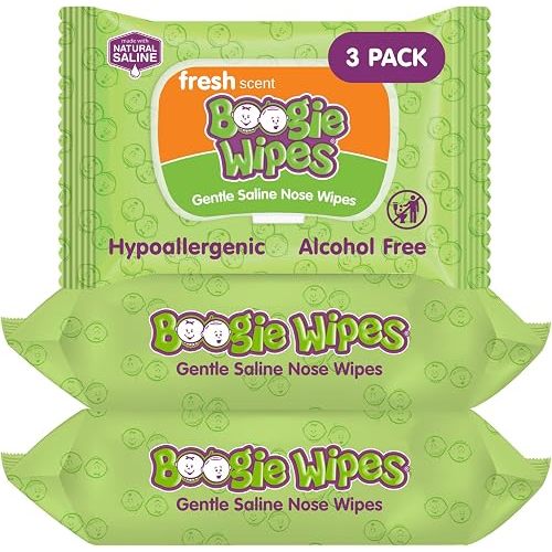 Boogie Wipes Gentle Saline Nose Wipes - 90 Count - Fresh Scent, Hypoallergenic & Alcohol-Free - Allergy Relief - Made with Natural Saline, Aloe, Chamomile & Vitamin E - Diaper Bag Essential