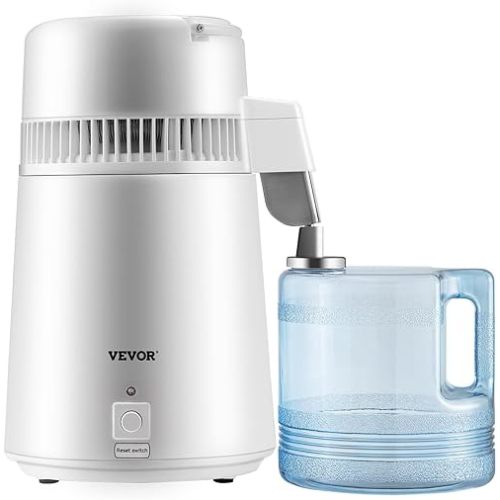 VEVOR Water Distiller, 1.1 Gal Distilled Water Machine, 750W Pure Water Distilling w/BPA Free Plastic Container, Water Distillation Kit w/Button, Countertop Distilled Water Maker for Home, White