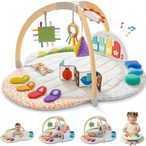 Move2Play, Montessori Inspired Wooden Kick & Play Baby Gym | Musical Piano | Tummy Time Activity Center | Play Mat for Newborns & Infants | Toys for Ages 0-6+ Months (Deluxe)