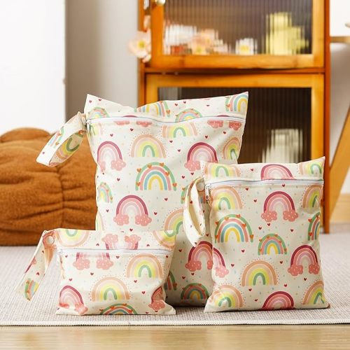 Happy Flute 3 Set Wet Bag Storage Bag Zipper Waterproof Washable Travel Bags, Beach, Pool, Gym Bag for Cloth Diaper, Swimsuits & Wet Clothes(Rainbow2)