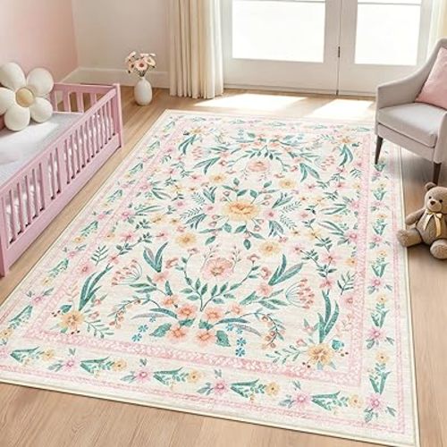 Pink Floral Area Rug 4x6, Washable Non-Slip Soft Carpet for Girls Bedroom, Nursery, or Dorm, French Boho Carpet for Kids Room, Dining Room Home Décor