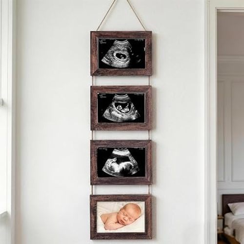 4-in-1 Ultrasound Picture Frames, Baby's First Sonogram Photo Album, Pregnancy Announcement Gifts for Expecting Moms, Baby Keepsake Gender Reveal Gifts for Nursery Decor, Brown
