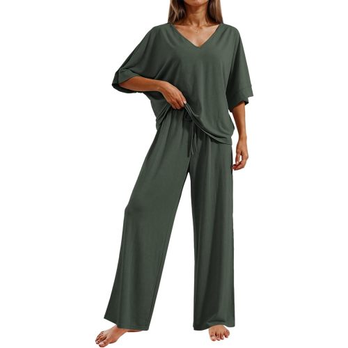 Ekouaer Pajama Sets Womens 2 Piece Short Sleeve Long Pants Pjs Lounge Set | Soft Comfy Pjs with Pockets,Casual V Neck Sleepwear,Matching Set for Travel,Maternity,Daily,Outfits