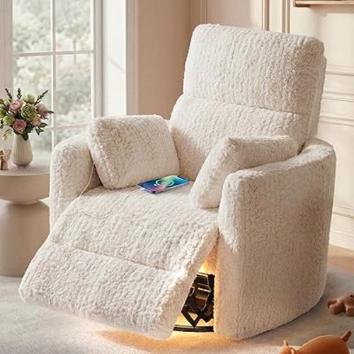 HUSFU Power Swivel Rocker Recliner Chair for Adults, Nursery Glider Rocking Chair with Nightlight and USB & Type-C Ports, Comfy Plush Recliner Chairs for Living Room, Bedroom, Beige