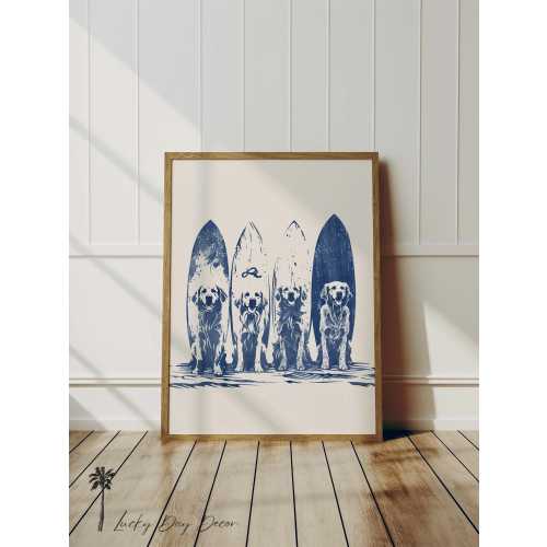 Golden Retrievers Surfs Up With Surfboards - Coastal Dog Sketch-  Surfs Up Hang Ten Dog Wall Art Adorable Fun Dog Home Lovers Blue Sketch