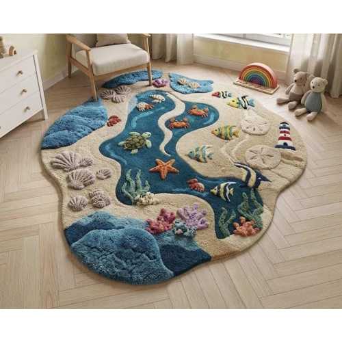 Hand Tufted Ocean Adventure Kids Rug Coastal Nursery Playroom Wool Area Carpet Decor