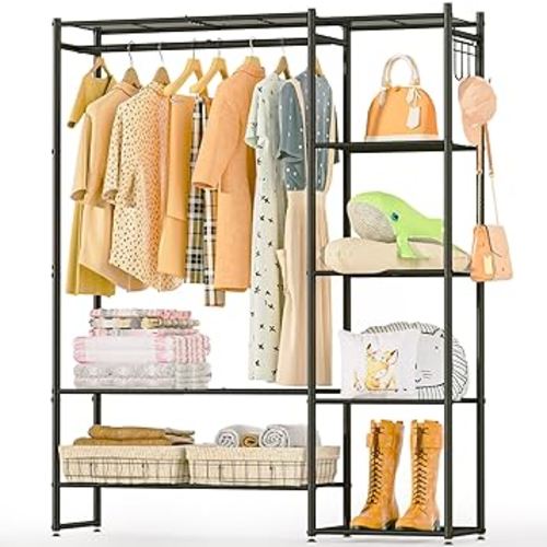 Neprock Portable Closet Rack for Hanging Clothes,Freestanding Closet Organizer System with Shelves,Metal Wardrobe Closet Grament Rack for Clothing Storage(Grey)