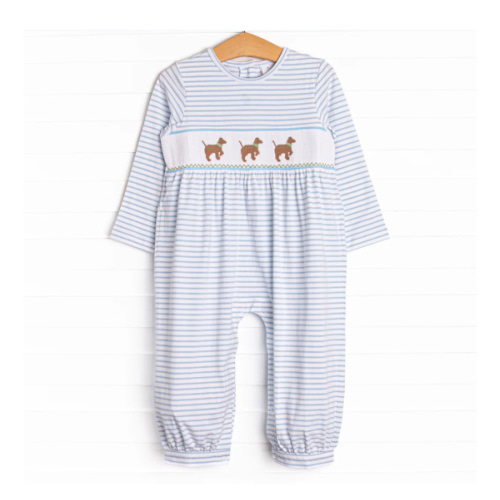 Puppy Present Smocked Romper, Blue – Stitchy Fish