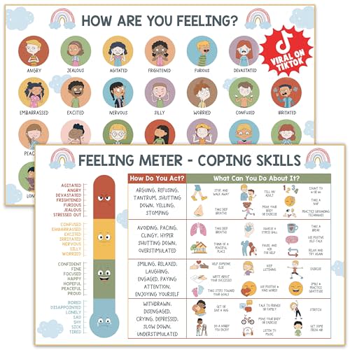 Feelings Chart for Kids - Coping Skills Emotions Chart Poster - Calm Down Corner Supplies - Mental Health Posters for Kids - School Counselor Psychologist Toddler Preschool Homeschool Decoration