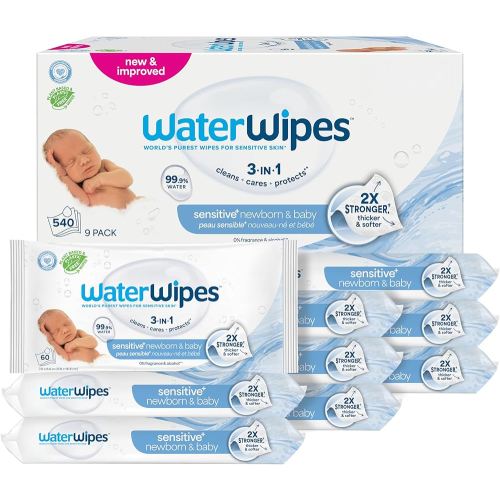 WaterWipes Sensitive+ Newborn & Baby Wipes, 3-In-1 Cleans, Cares, Protects, 99.9% Water, Unscented & Hypoallergenic, 540 Count (9 Packs)