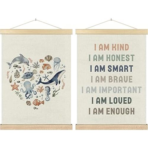 BCUANGD Kids Positive Affirmations Wall Decor - Coastal Nautical Poster Hanger with Wood Frames Set of 2, Ocean Beach Whale Wall Hanging Canvas Decor for Kids Room Bathroom Nursery, 12x16 Inches