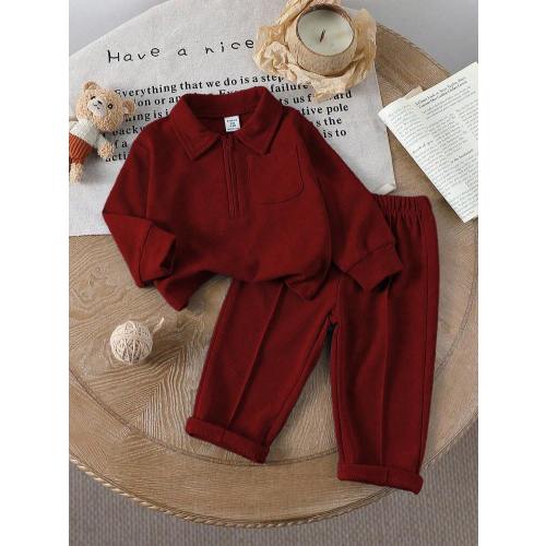 SHEIN Baby Boy/Girl Casual Outfit, Featuring Warm Color Palette And Minimalist Elegant Style. Comfortable And Suitable For Slightly Cool Seasons. Solid Color Half-Zip Collared Long Sleeve Top, Easy Pull-On Design; Paired With Solid Color Waistband-Free Pa