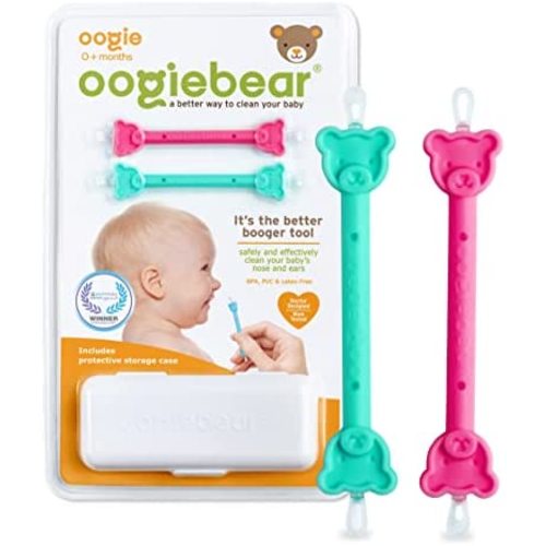 oogiebear - Nose and Ear Gadget. Safe, Easy Nasal Booger and Ear Cleaner for Newborns and Infants. Dual Earwax and Snot Remover - 2 Pack with Case - Raspberry and Seafoam