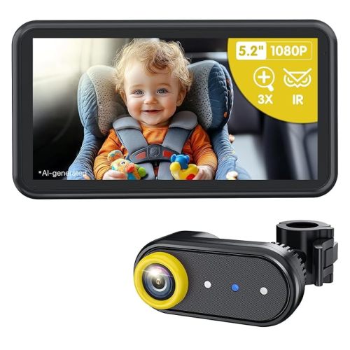Baby Car Camera 3X Zoom Monitor | 1080P Display & Auto IR Night Vision, Rear-Facing View Mirror, 5.2" Easy Install for Parents & Pet Owners BM2A（Orange）