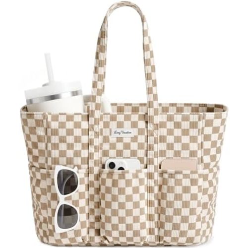LONG VACATION Corduroy Tote Bag for Women - Large Work Laptop Bag with 16 Pockets & 40oz Cup Holder - Teacher Nurse Bag