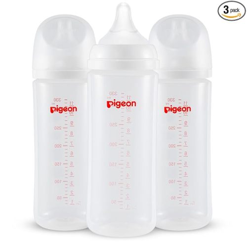 Pigeon PP Nursing Bottle Wide Neck, Anti-Colic, Streamlined Body, Natural Feel, Easy to Clean, 11.2 Oz (Pack of 3), Includes 3pcs L Nipples (6m+)