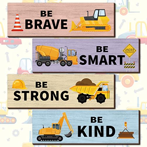 LUHIMO 4 PCS Construction Trucks Rroom Decor for Boys,Wooden Hanging Wall Art Signs for Kids Playroom, Nursery Wall Decor Inspirational Quotes Decoration