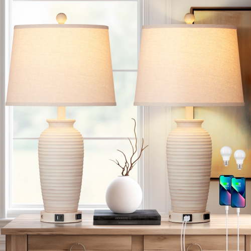 Cinkeda 24" Touch Control Table Lamps Set of 2 with USB Type-C Ports AC Outlet Farmhouse White Resin Jar 3 Way Dimmable Nightstand Bedside Lamp for Living Room Bedroom