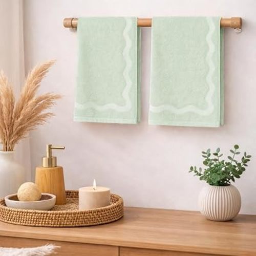 MONDAY MOOSE Scalloped Decorative Hand Towels, 2-Pack Soft Cotton with Wavy Embossed Design for Bathroom, Kitchen or Spa (16x28 inch, Light Sage)