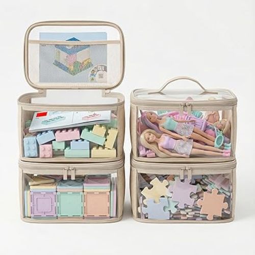Clear Toy Storage Bags with Handle, 4 Pack Playroom Storage Organizer Bins for Kids Toys, Board Games, Busy Bags, and Homeschool Supplies - Transparent PVC with Reinforced Base, Brown, Small