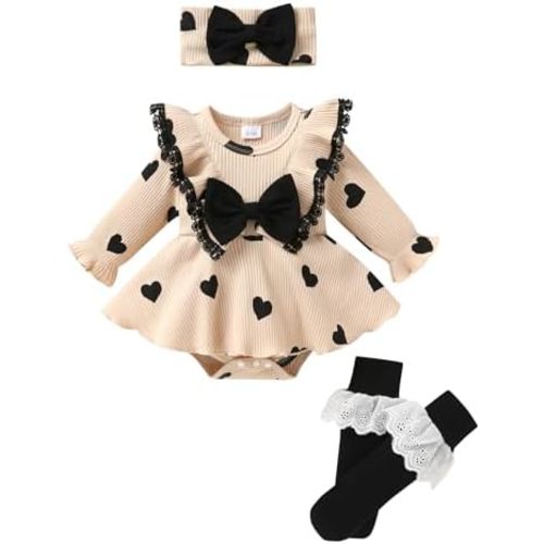Newborn Infant Patterned Lace Ruffle Romper with Matching Socks and Headband Ribbed Baby Bodysuit Sets 0-18M