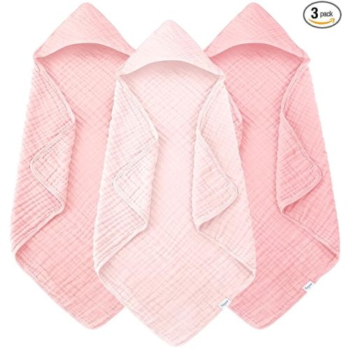Muslin Hooded Baby Bath Towels - 3 Pack 100% Cotton Ultra-Soft Towels for Newborns, Infants, Toddlers - 32x32 Inch - Highly Absorbent, Quick-Dry Essentials for Bath Time, Beach, Pool, Pink Series