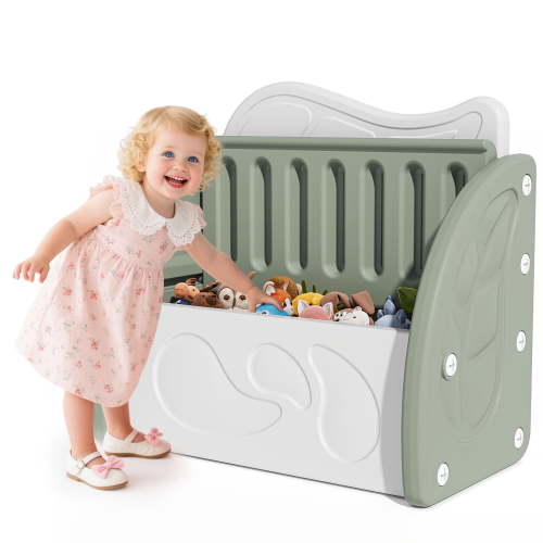 PAPROOS Kids Toy Box, Cute Toy Chest Organizer with Seating Bench and Sliding Door, Toy Storage Chest for Girls Boys, Modern Toy Storage Cabinet for Playroom, Living Room, Bedroom, Green+Light Gray