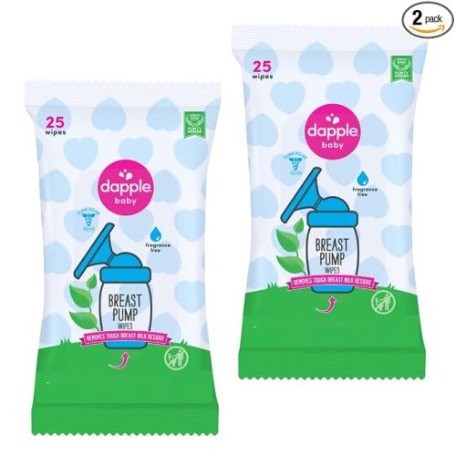 Dapple Breast Pump Wipes, Powered by Plants, Hypoallergenic, Removes Milk Residue, Fragrance Free, Convenient Wipes Pouch, 25 Count (2 Pack)