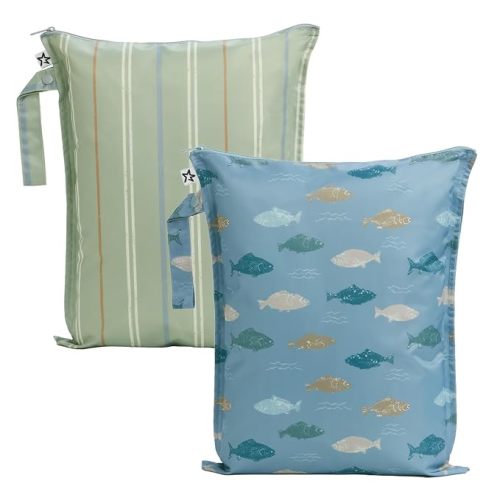 Tiny Twinkle Mess Proof Wet Bags | 2-Pack Reusable Waterproof Wet Bags for Swimsuits | Baby Clothes | Travel & Diaper Bag (Heritage Stripes,Gone Fishing)