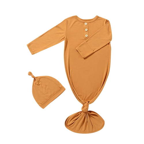 BLVB Newborn Baby Boys Girls Knotted Gown Hat Set Soft Infant Baby Sleep Gown Long Sleeve Sleepwear 0-6 Months