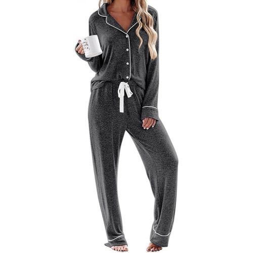 Ekouaer Women's Pajamas Long Sleeve Sleepwear Casual Button Down Loungewear Soft Pjs Set S-XXL