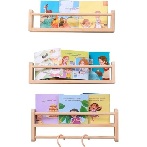 Set of 3 Wall-Mounted Kids Bookshelf - Pine Floating Nursery Book Shelves - Ideal for Nursery Shelf Decor ，Kids Room Toy Storage
