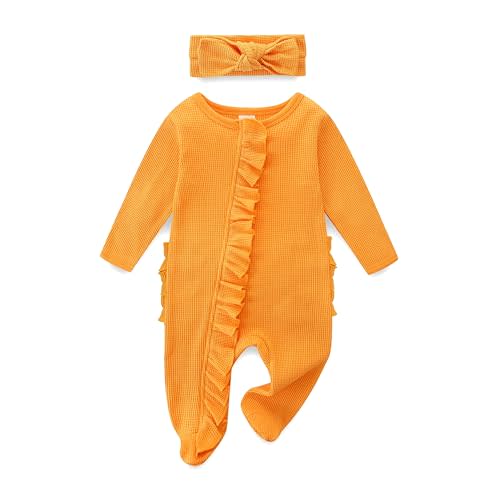 Newborn Baby Girl Ruffle Footie Romper Fall Winter Spring Coming Home Outfit One-piece Knit Jumpsuit with Bow Headband