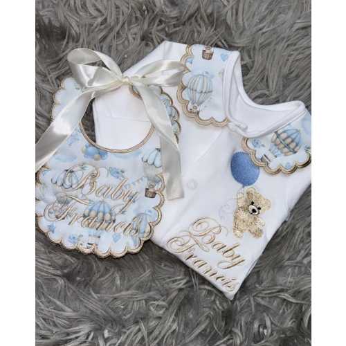 Personalised Baby Set with Teddy & Balloon Embroidery