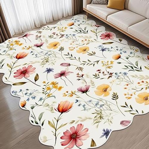 Wildflower Rug Boho Floral Area Rugs 4'x6' Cute Sweet Scalloped Throw Rugs Aesthetic Colorful Soft Bedroom Carpet for Living Room Dining Playroom Nursery Family Indoor Dorm