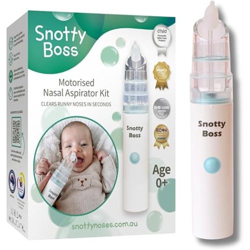 Snotty Boss Baby Nasal Aspirator - Electric Nose Sucker for Baby - Auto Snot & Nose Cleaner Kit with 4 Silicone Tips, Carry Bag & Saline Spray Bottle - AA Battery Operated - Australian Owned
