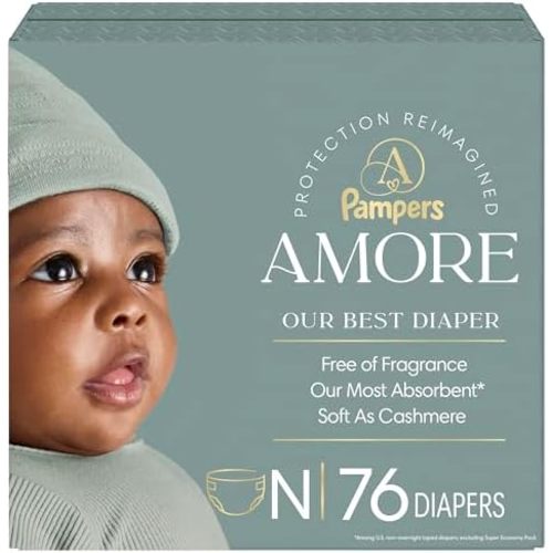 Pampers Amore, Size 0 (up to 10 lbs), 76 Count, Our Best Diaper – Hypoallergenic & Fragrance Free, Up to 100% Leakproof, Soft as Cashmere
