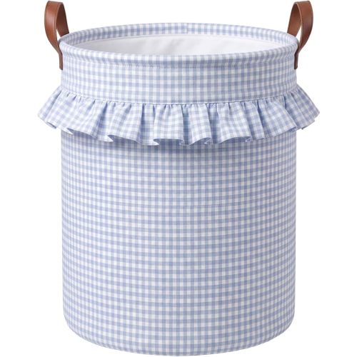 Blue Gingham Laundry Basket Ruffled Checkered Laundry Hamper