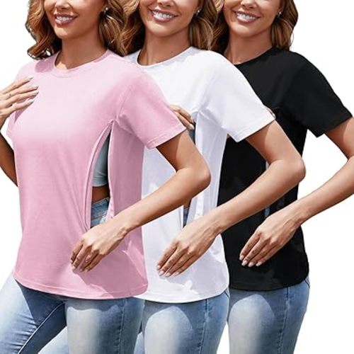 Women's 3-Pack Nursing Tops for Breastfeeding with Hidden Zippers Loose Fit Maternity Shirts