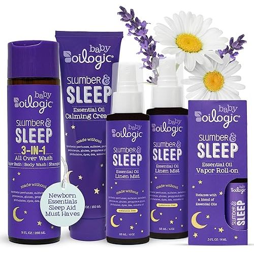 Oilogic Slumber & Sleep Bath Baby Essentials Gift Set - Includes All Over Wash, Calming Cream, Sleep Spray & Roll-On Essential Oils - Pediatrician-Tested Sleep, Comfort & Wellness Blends for Babies