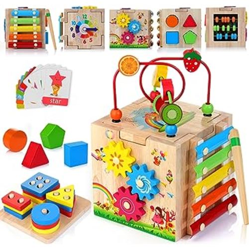 HELLOWOOD Wooden Baby Activity Cube, 8-in-1 Montessori Toys for 1+ Year Old Girls & Boys, Learning Toys for Toddlers 1-3, 1st Birthday Gift | Bonus Sort & Stack Board | Pink Packaging