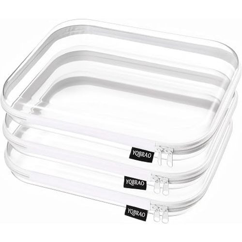 YQBRAO 3-Pack Large Clear Hard Shell Zipper Case, 1.2mm Rigid Toy & Cosmetic Bags, Heavy-Duty Diaper Bag Pouch Set with YKK Zippers, Waterproof Travel & Makeup Organizer