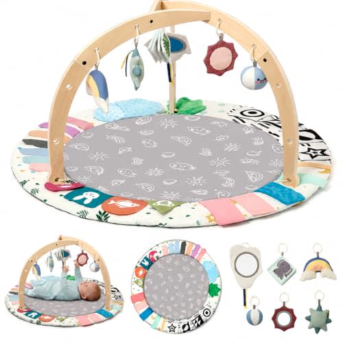 Baby Play Gym Mat with Tummy Time Activity for Newborn Girls and Boys, Non-Slip Floor Mat Includes 6 Detachable Toys for Sensory Development, Machine Washable, Essential Gift (Grey)