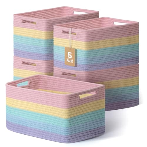 5 Pack Rainbow Woven Storage Baskets for Shelves, Decorative Toy Baskets Organizer for Kids Room, Nursery, Playroom, Classroom – Colorful Cotton Rope Toy Storage Bins for Organizing & Decor