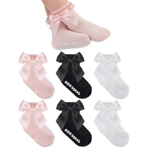 6 Pairs Baby Girl Ruffle Socks with Bow Non Slip Grippy Cotton Frilly Crew Fancy Dress Socks Newborn Infant Toddler