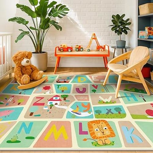 5x7 ABC Alphabet Rug for Preschool Kids – Educational Learning Play Mat for Toddlers, Washable Classroom or Playroom Carpet, Soft & Safe Baby Floor Rug with Fun Letters and Whimsical Art Décor