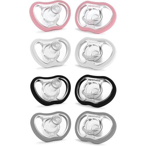Nanobebe Active Baby Pacifiers 4-36 Months - Orthodontic, Lightweight and Vented, Curves Comfortably with Face Contour, 100% Silicone - BPA Free, Perfect Baby Registry Gift 8pk, White/Pink/Black/Grey