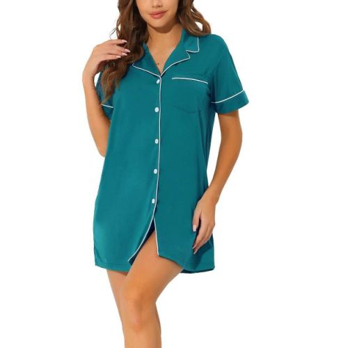 cheibear Women's Notched Collar Button Down Pajama Shirt Dress with Pocket Peacock Green Medium