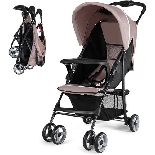 Baby Joy Lightweight Stroller, Compact Toddler Travel Stroller for Airplane, Infant Stroller w/Adjustable Backrest/Footrest/Canopy, 5-Point Harness, Storage Basket, Easy One-Hand Fold, Coffee